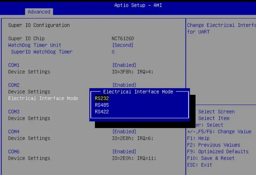 IPC2200 Series BIOS COM2 config options BIOS Electrical Interface Mode menu showing RS232, RS485, and RS422 communication mode options.