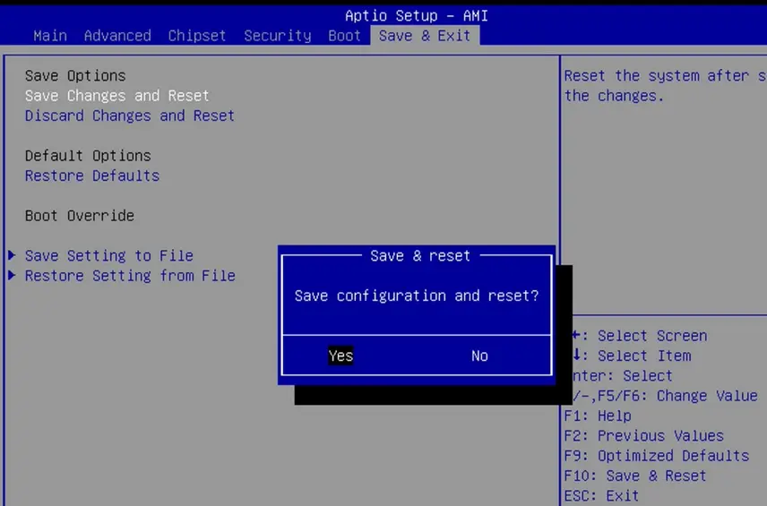 IPC2200 Series BIOS Save and Exit confirmation Screenshot of the Aptio Setup AMI BIOS Save & Exit menu showing options to save, discard, or restore settings. A confirmation dialog is displayed prompting the user to save the configuration and reset the system, with Yes and No options available.