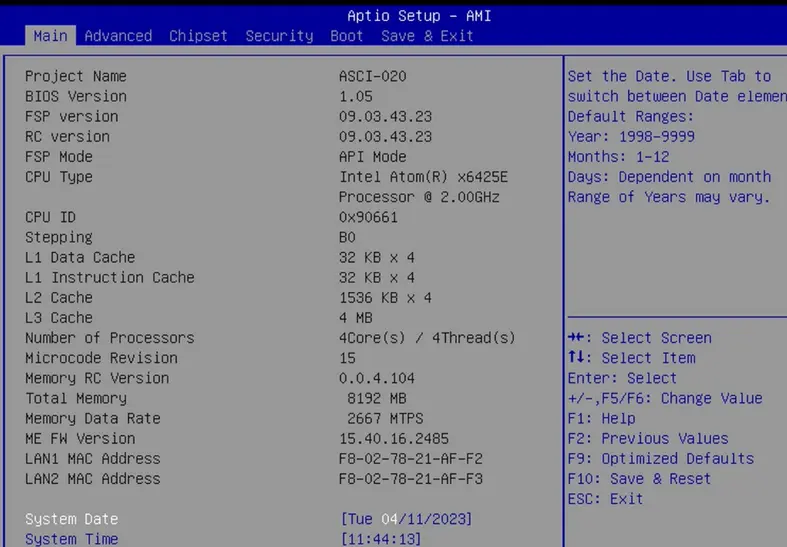 IPC2200 Series BIOS main menu Screenshot of the Aptio Setup AMI BIOS main screen showing system information for an IPC2200 Series Box PC, including BIOS version, processor details, memory configuration, network addresses, and system date/time settings. Navigation tabs and keyboard shortcuts are displayed across the top and right side of the screen.