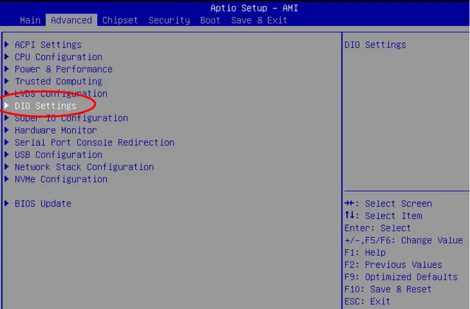 IPC2200 Series BIOS Advanced menu with DIO selected Screenshot of the Aptio Setup AMI BIOS Advanced menu with the DIO Settings option highlighted and circled in red, indicating the menu used to configure the system's digital input/output settings.