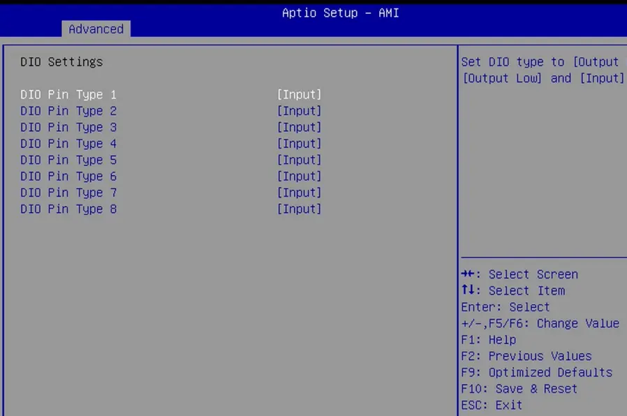 IPC2200 series BIOS DIO Pin selection menu Screenshot of the Aptio Setup AMI BIOS DIO Settings menu showing configuration options for eight digital I/O pins. Each pin is currently set to Input mode, with instructions on the right for changing pin types between input and output settings.