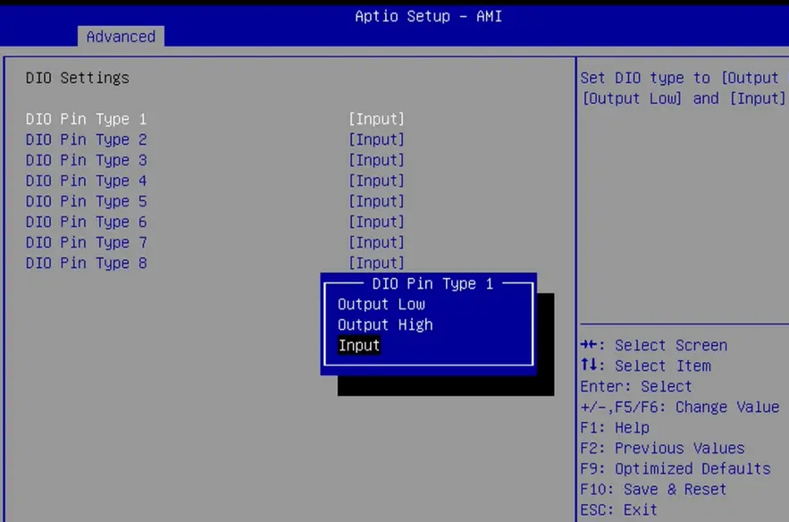 IPC2200 Series BIOS DIO Pin Configuration Options Screenshot of the Aptio Setup AMI BIOS DIO Settings menu with DIO Pin Type 1 selected. A pop-up menu displays available pin modes: Output Low, Output High, and Input, allowing the user to configure the digital I/O pin behavior.