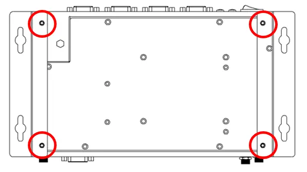 IPC2200 Series Bolt locations for brackets Wall mounting illustration showing the IPC2200A mounting brackets being attached to the bottom panel of the Industrial Box PC using the supplied bolts.