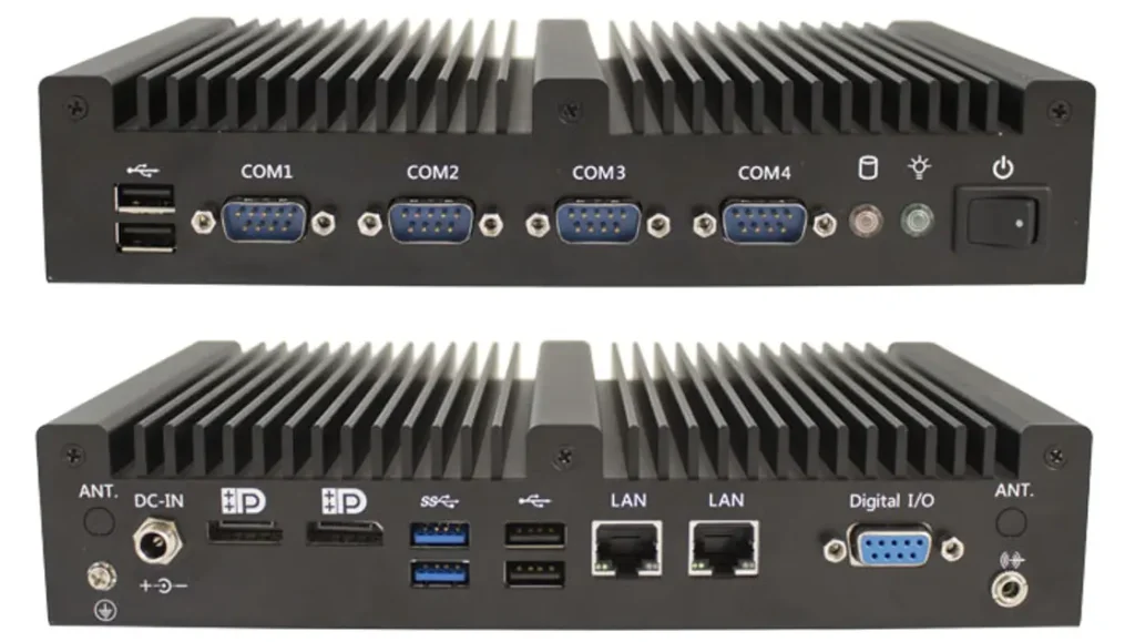 IPC2210A Front and Rear Views Front and rear panel view of the IPC2210A Industrial Box PC showing serial ports, USB ports, DisplayPort outputs, LAN ports, DIO port, line-out jack, and DC power input.