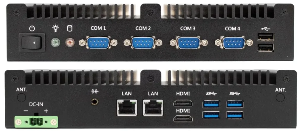 IPC2215A Front and Rear Views Front and rear panel view of the IPC2215A Industrial Box PC showing serial ports, USB ports, HDMI outputs, LAN ports, line-out jack, terminal block power input, and optional antenna connections.