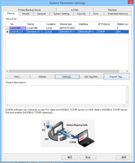 EasyBuilder System Parameter Settings Device tab showing Local HMI and Siemens S7-1 PLC in the device list, with the Import Tag button highlighted.