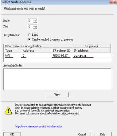 Select Node Address MPI Gateway Subnet ID Dialog Select Node Address dialog with Can be reached by means of gateway selected and the connection fields filled in showing Type MPI, Address 2, S7 subnet ID FEDC-9527, and IP address 10.7.60.48.
