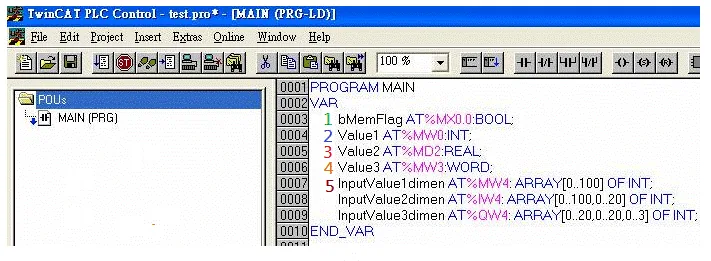TwinCAT PLC Control MAIN program VAR block with line numbers 1-5 annotated beside bMemFlag, Value1, Value2, Value3, and InputValue1dimen declarations.
