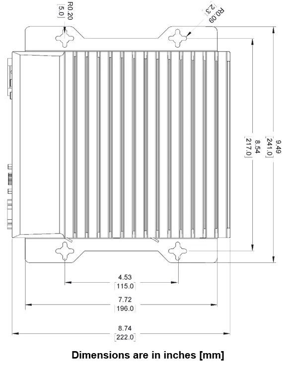 Mechanical dimension drawing of an IPC2360 Series Box PC showing overall dimensions, mounting hole locations, and cooling fin layout. Dimensions are provided in both inches and millimeters.