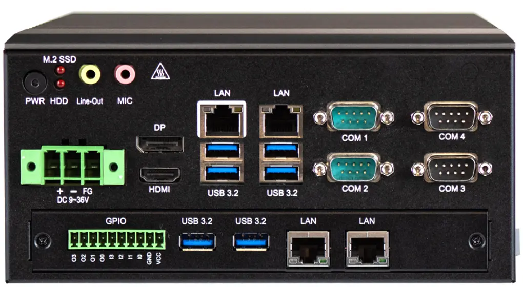 Front panel view of IPC2360A with GPIO expansion showing additional Ethernet ports, USB ports, and 10-pin GPIO connector.
