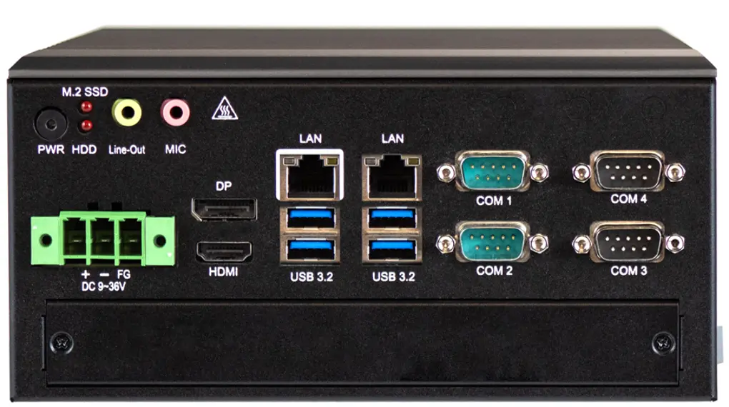Front panel view of IPC2360A without expansion showing power button, serial ports, USB ports, Ethernet ports, audio connections, HDMI, and DisplayPort connections.