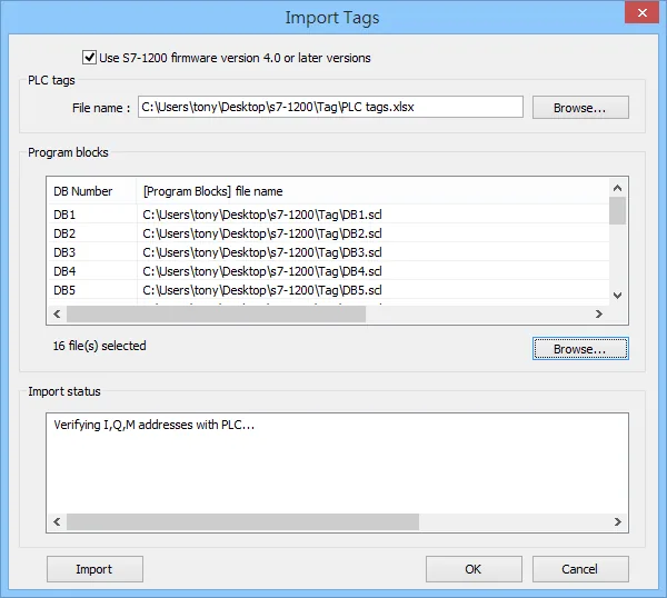 EasyBuilder Import Tags dialog showing PLC tags file path, Program blocks with DB1–DB5 listed, 16 files selected, and Import status showing Verifying I,Q,M addresses with PLC.