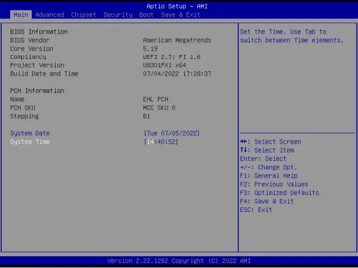 IPC2400 Series BIOS Main Menu Screenshot of the Aptio Setup AMI BIOS Main menu displaying BIOS information, including vendor, version, project details, chipset information, and system date/time settings.