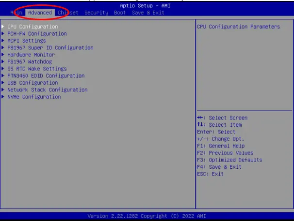 IPC2400 Series BIOS Advanced Tab Screenshot of the Aptio Setup AMI BIOS Advanced menu with the Advanced tab circled in red. The menu displays system configuration options, including CPU, ACPI, hardware monitor, watchdog, USB, network, and NVMe settings.