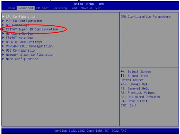 IPC2400 Series BIOS Super IO Config Screenshot of the Aptio Setup AMI BIOS Advanced menu with the F81967 Super IO Configuration option circled in red. The menu lists various system configuration settings, including CPU, ACPI, hardware monitoring, watchdog, USB, network, and NVMe options.