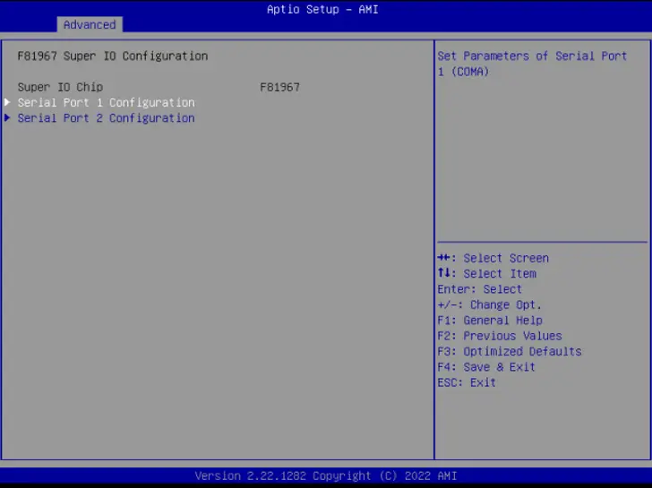 IPC2400 Series Super IO Config Menu showing COM1 and COM2 Screenshot of the Aptio Setup AMI BIOS F81967 Super IO Configuration menu showing configuration options for Serial Port 1 and Serial Port 2. The menu is used to access and modify serial communication port settings.