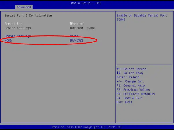 IPC2400 Series BIOS, COM Selection Mode Screenshot of the Aptio Setup AMI BIOS Serial Port 1 Configuration menu showing serial port settings, including enable/disable status, device settings, and communication mode selection.