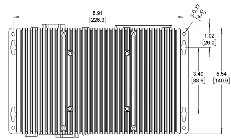 IPC2400 Series Dimensional View with Mounting Brackets Mechanical dimension drawing of an IPC2400 Series Box PC showing overall dimensions, mounting hole locations, and cooling fin layout. Dimensions are provided in both inches and millimeters.