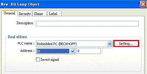 EasyBuilder New Bit Lamp Object dialog showing Read address with PLC name Embedded PC (BECKHOFF) and Settings button highlighted.