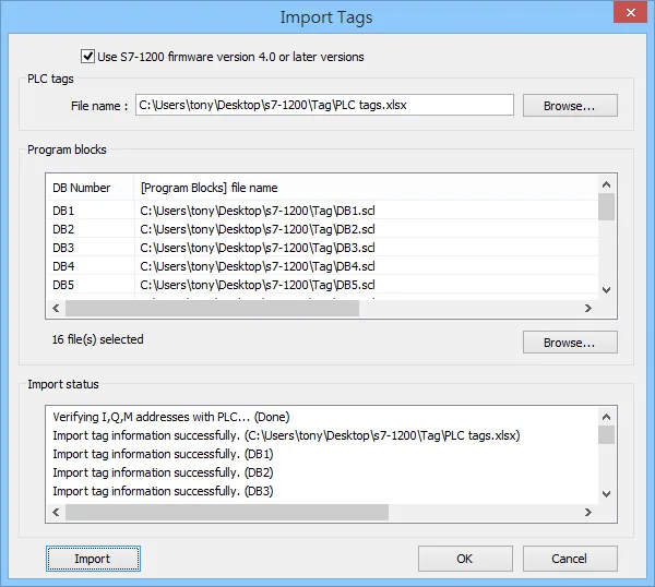 EasyBuilder Import Tags dialog with Import status showing successful import of PLC tags.xlsx and DB1, DB2, DB3 files.