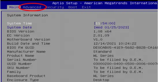 IPC2550 BIOS Advanced Tab Screenshot of the AMI BIOS Main menu with the Advanced tab circled in red, indicating the menu used to access additional system configuration settings.