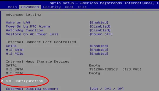 IPC2550 BIOS SIO Congfiguration Screenshot of the AMI BIOS Advanced Settings menu with the SIO Configuration option circled in red. The screen displays system configuration settings, including Wake on LAN, RTC alarm, watchdog, storage interfaces, and display support options.