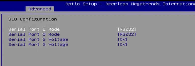 IPC2550 BIOS SIO Configuration Menu Screenshot of the AMI BIOS SIO Configuration menu showing serial port settings for Serial Port 2 and Serial Port 3. Both ports are configured for RS-232 mode, with voltage settings displayed for each port.