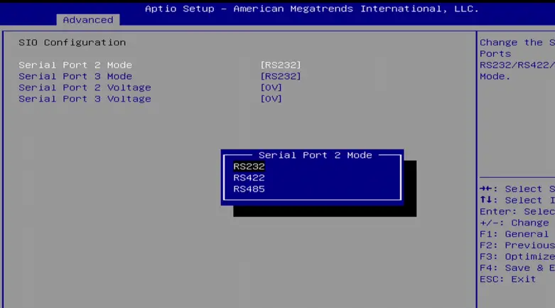 IPC2550 BIOS COM Port Configuration Screenshot of the AMI BIOS SIO Configuration menu with a pop-up dialog for Serial Port 2 Mode. The dialog shows available communication modes—RS-232, RS-422, and RS-485—allowing the user to select the desired serial port configuration.