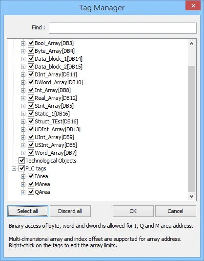 EasyBuilder Tag Manager dialog showing all DB arrays and PLC tags with IArea, MArea, and QArea checked, with a note about binary access and multi-dimensional array support.