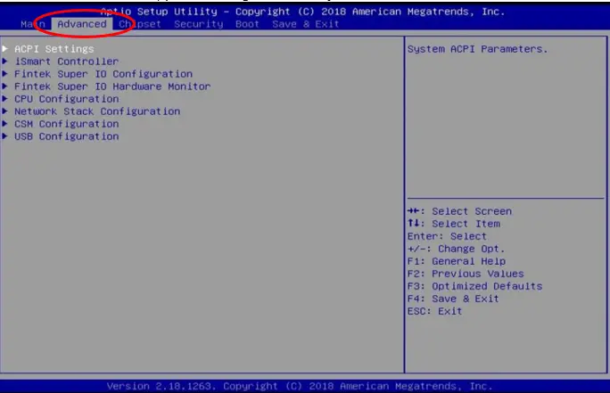 IPC2610A BIOS Menu, Advanced submenu Screenshot of the Aptio Setup Utility Advanced menu showing system configuration options, including ACPI, Super I/O, hardware monitor, CPU, network, CSM, and USB settings.