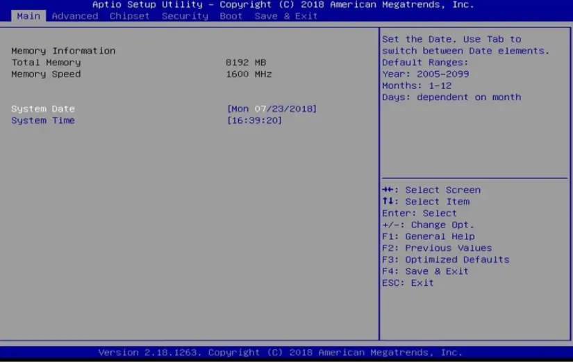 IPC2610A Main BIOS Menu Screenshot of the Aptio Setup Utility Main menu displaying memory information, including total memory, memory speed, and system date/time settings.