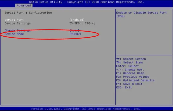 IPC2610A BIOS Menu, COM Port Mode selection Screenshot of the Aptio Setup Utility Serial Port 1 Configuration menu with the Device Mode setting circled in red. The serial port is enabled and configured for RS-232 communication.