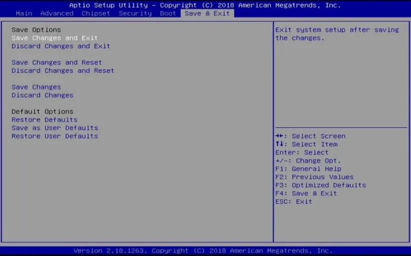 IPC2610A BIOS Save and Exit Confirmation Screenshot of the Aptio Setup Utility Save & Exit menu showing options to save, discard, or restore BIOS settings and exit the setup utility.