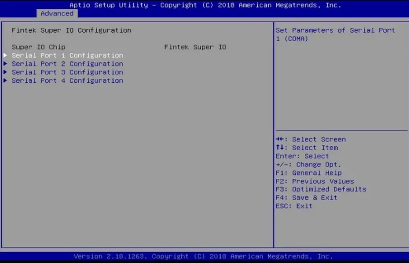 IPC2610A BIOS Menu, Serial Port Configuration Screenshot of the Aptio Setup Utility Fintek Super IO Configuration menu showing configuration options for Serial Ports