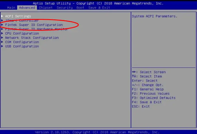 IPC2610A Bios Advanced Submenu, Super IO Config circled Screenshot of the Aptio Setup Utility Advanced menu with the Fintek Super IO Configuration option circled in red, indicating the menu used to configure serial ports and related hardware settings.