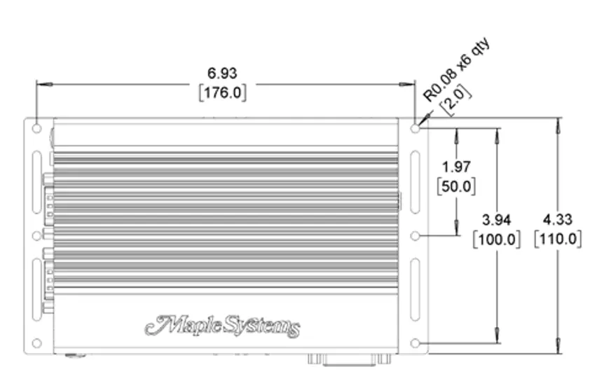 Dimensional Outline: IPC2610A Front-view mechanical dimension drawing of an IPC2610A industrial box PC with wall-mount brackets installed. The drawing shows overall dimensions, mounting slot locations, corner hole positions, and bracket spacing. Dimensions are provided in both inches and millimeters.