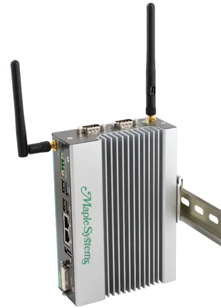 IPC2610A Mounted to DIN-rail Perspective view of an IPC2610A industrial box PC mounted to a DIN rail using a rear-mounted DIN rail bracket.