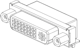 Illustration of a DVI-I video connector showing the rectangular pin array, flat blade contact, and mounting screw posts on both sides for securing the cable connection.