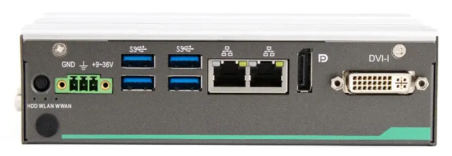 IPC2610A Front Panel View Front panel view of the IPC2610A showing power input terminals, USB 3.0 ports, dual Ethernet ports, a DisplayPort connector, and a DVI-I video output connector.