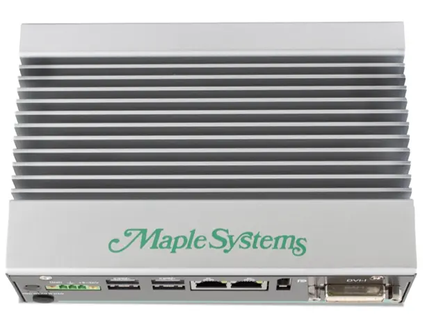 IPC2610A Top View Top View image of the IPC2610A, showing the Maple Systems logo on the heatsink and an overhead view of the cooling fins, with a slight angled down view of the front panel and its IOs.