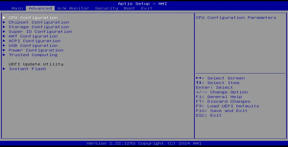 Screenshot of the Aptio Setup AMI BIOS Advanced menu showing system configuration options, including CPU, chipset, storage, Super I/O, AMT, ACPI, USB, power, and trusted computing settings.