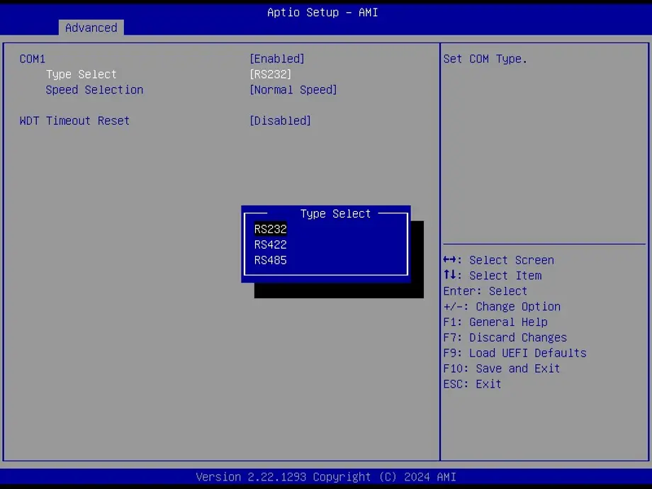 Screenshot of the Aptio Setup AMI BIOS Super IO Configuration menu with a pop-up dialog for COM1 Type Select. The dialog shows available communication modes: RS-232, RS-422, and RS-485.