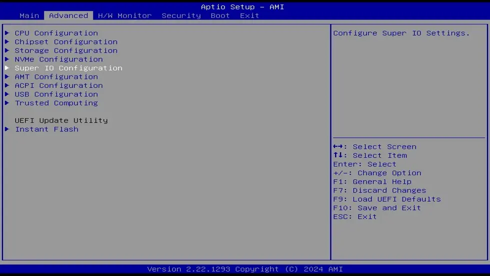 Screenshot of the Aptio Setup AMI BIOS Advanced menu with the Super IO Configuration option selected, indicating the menu used to configure serial communication ports.