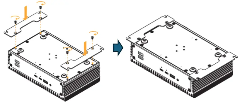Illustration showing the installation of wall-mount brackets onto an IPC2700 industrial box PC. Arrows indicate the placement of the brackets and screws used to secure them to the chassis for wall mounting.