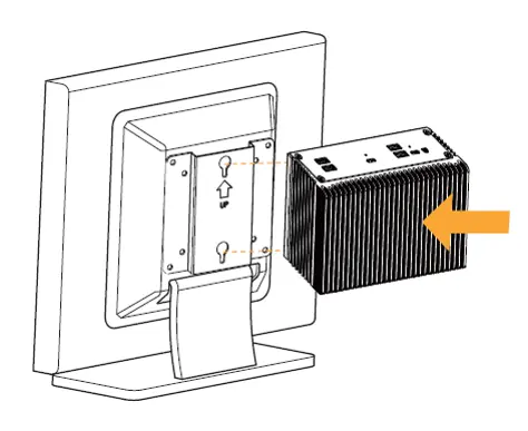 Illustration showing an IPC2700 industrial box PC being mounted onto a VESA bracket attached to the rear of a display. An arrow indicates the direction of installation as the IPC slides into position on the mounted bracket.