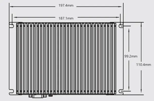 Mechanical dimension drawing of an IPC2700 industrial box PC showing overall dimensions, wall-mount slot locations, and cooling fin layout. Dimensions are provided in millimeters