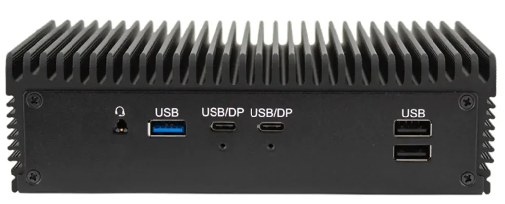Rear panel view of the IPC2790A Industrial Box PC showing audio output, two USB-C ports, a USB 3.0 port, and USB 2.0 ports for peripheral connectivity.