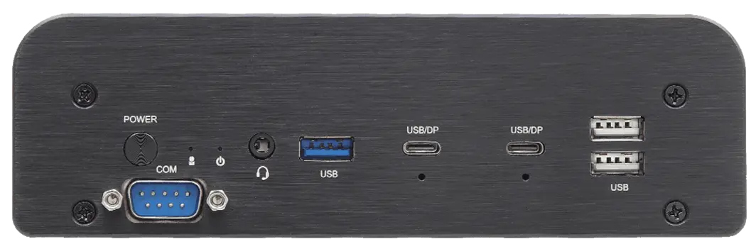 IPC2791A Front Panel View Front panel view of the IPC2791A industrial box PC showing a serial COM port, power button, status indicators, audio jack, USB 3.0 port, two USB-C/DisplayPort ports, and two USB 2.0 ports.
