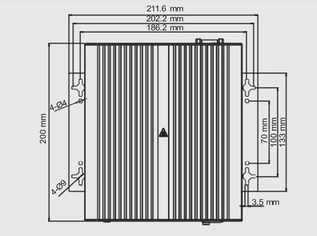IPC2791A Wall Mounting Dimensional Illustration Mechanical dimension drawing of an IPC2791 industrial box PC showing overall dimensions, wall-mount slot locations, and cooling fin layout. Dimensions are provided in millimeters