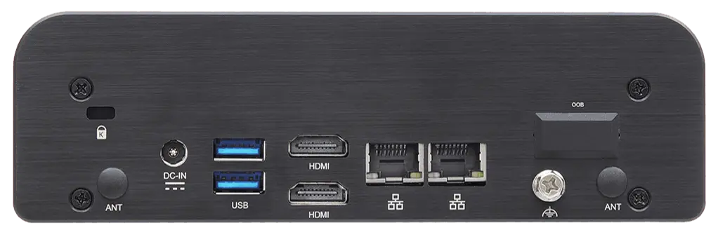IPC2791A Rear Panel View Rear panel view of the IPC2791A industrial box PC showing DC power input, dual USB 3.0 ports, dual HDMI ports, dual Ethernet ports, and antenna connections.